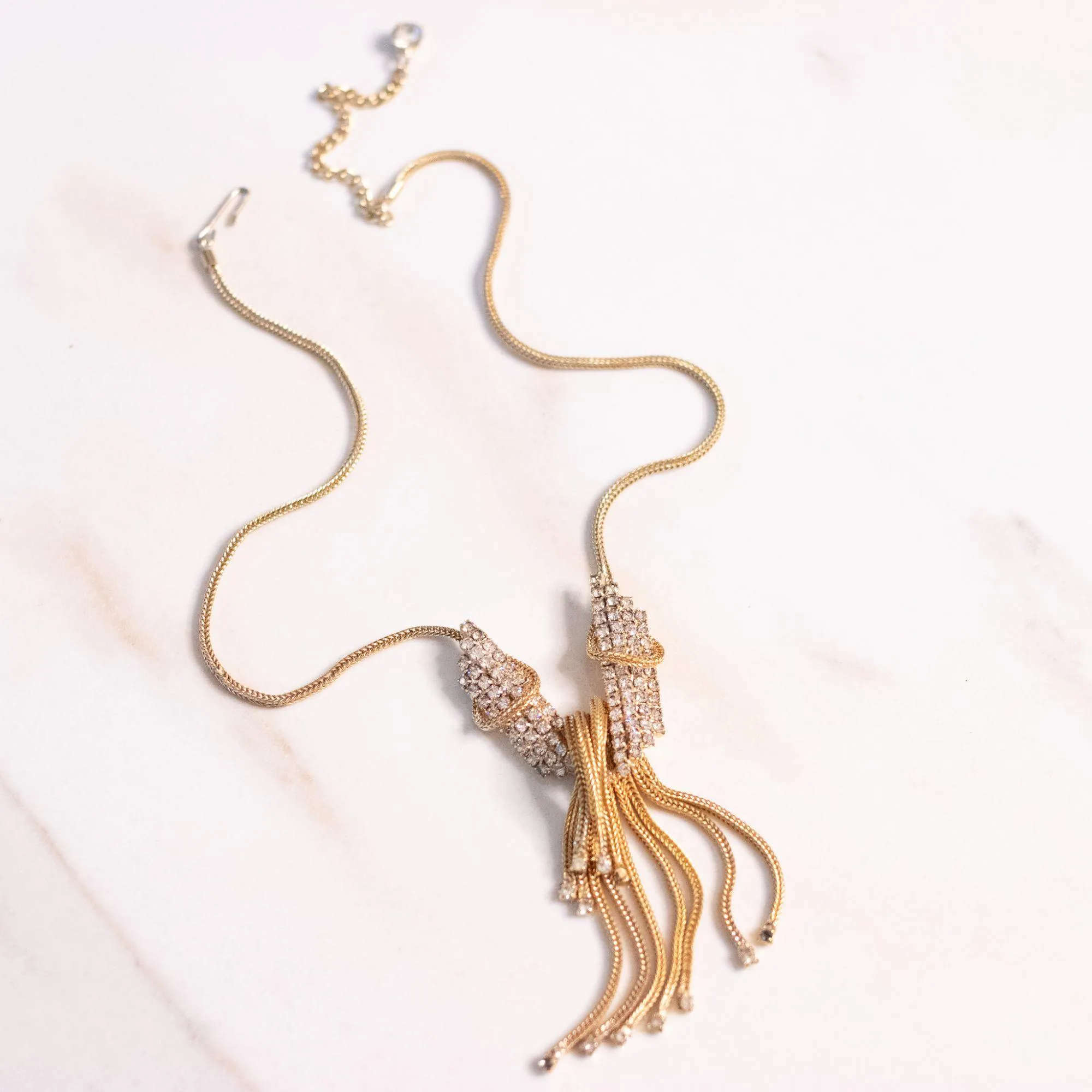 Vintage Gold Tassel Necklace with Rhinestones