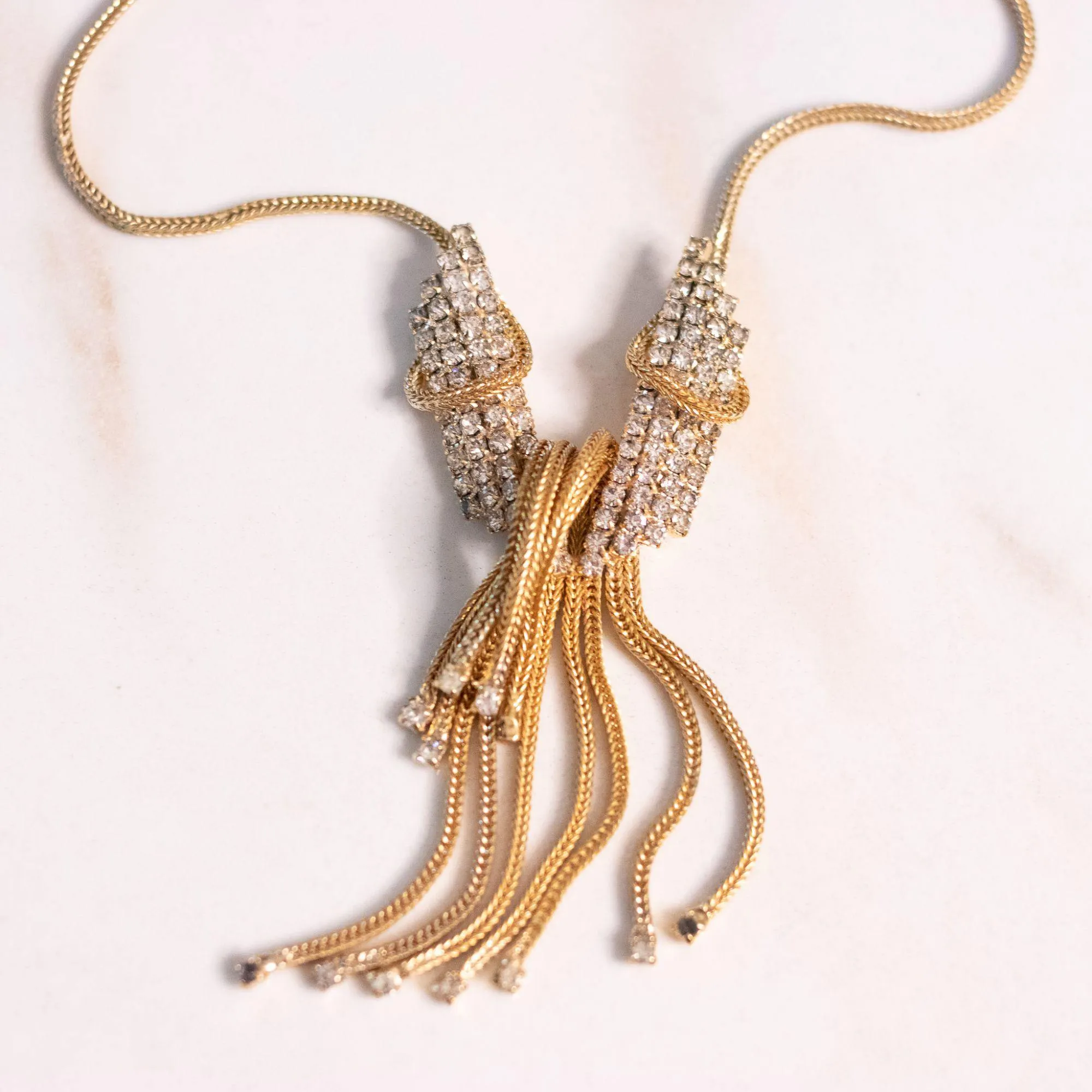 Vintage Gold Tassel Necklace with Rhinestones