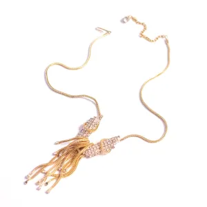 Vintage Gold Tassel Necklace with Rhinestones