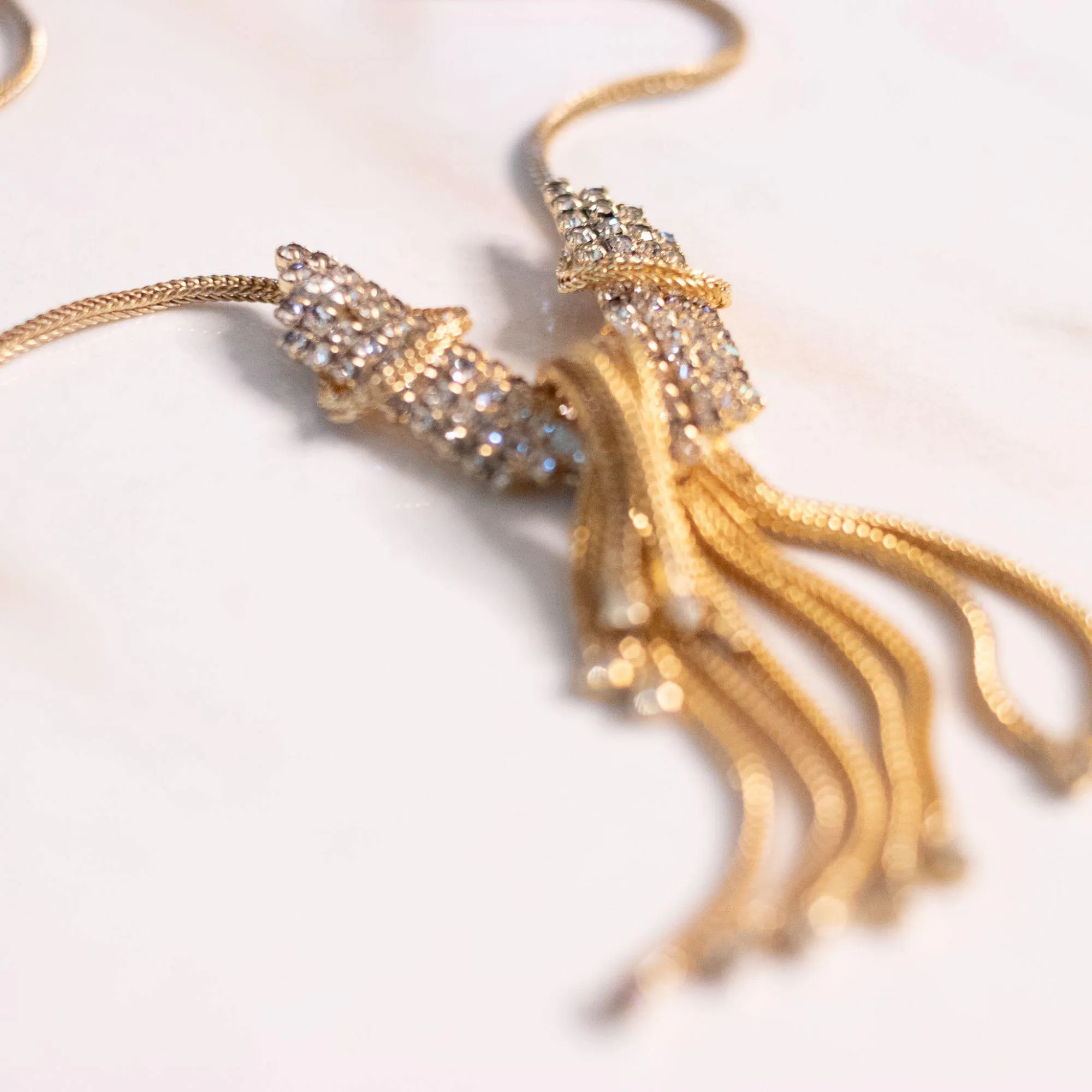 Vintage Gold Tassel Necklace with Rhinestones