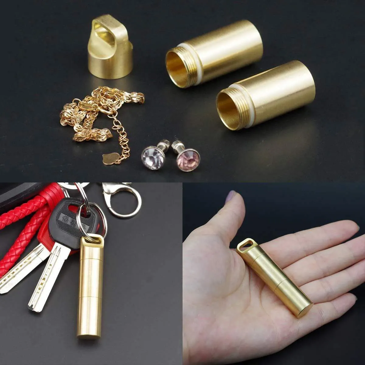 Weimian Pill Fob 2 Compartments Solid Brass Metal Outdoor Travel Small Waterproof Container Organizer Dry Storage Bottle Keychain Holder Hiking Camping EDC Case