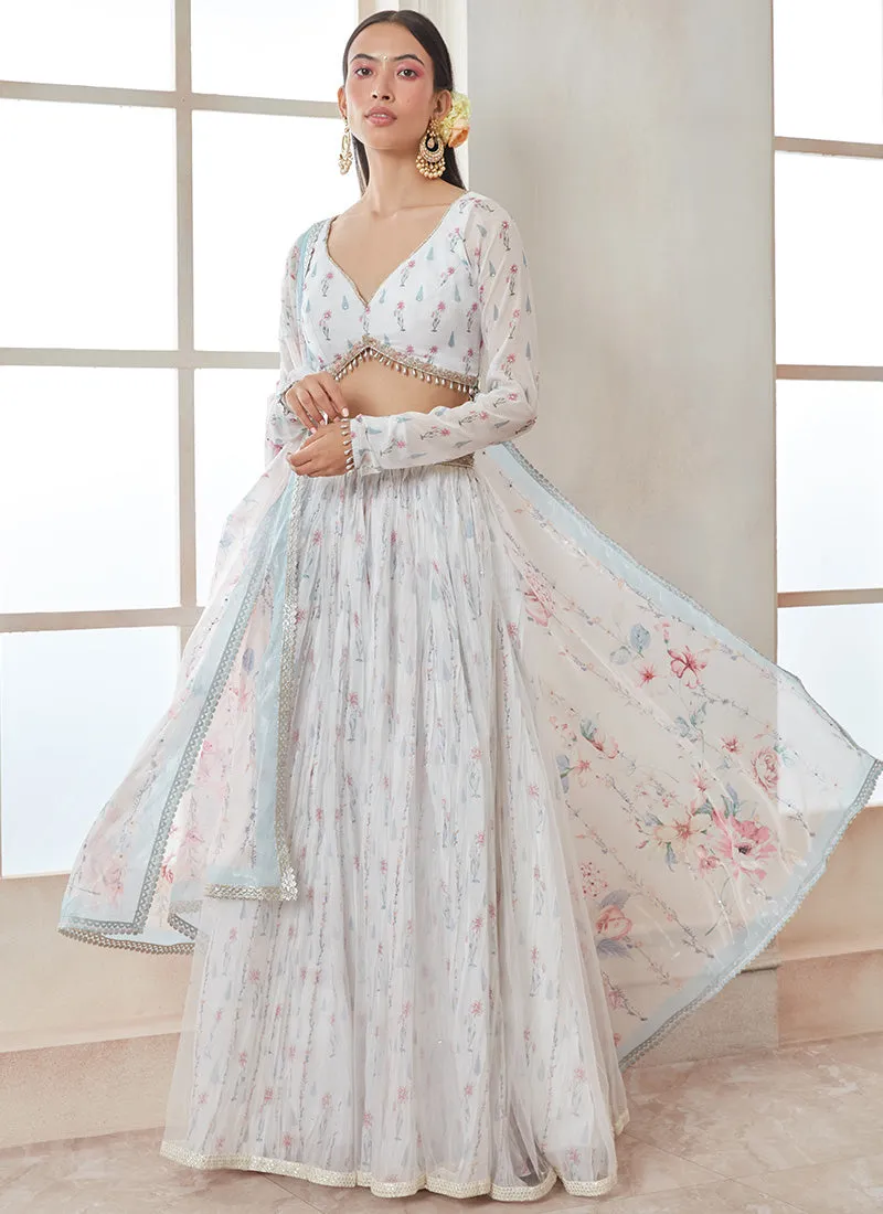 White and Blue Floral Printed Lehenga