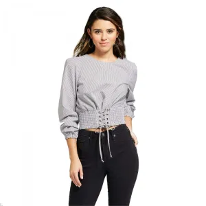 Xhilaration Women's Long Sleeve Poplin Tie Front Blouse Top XXL Black / White
